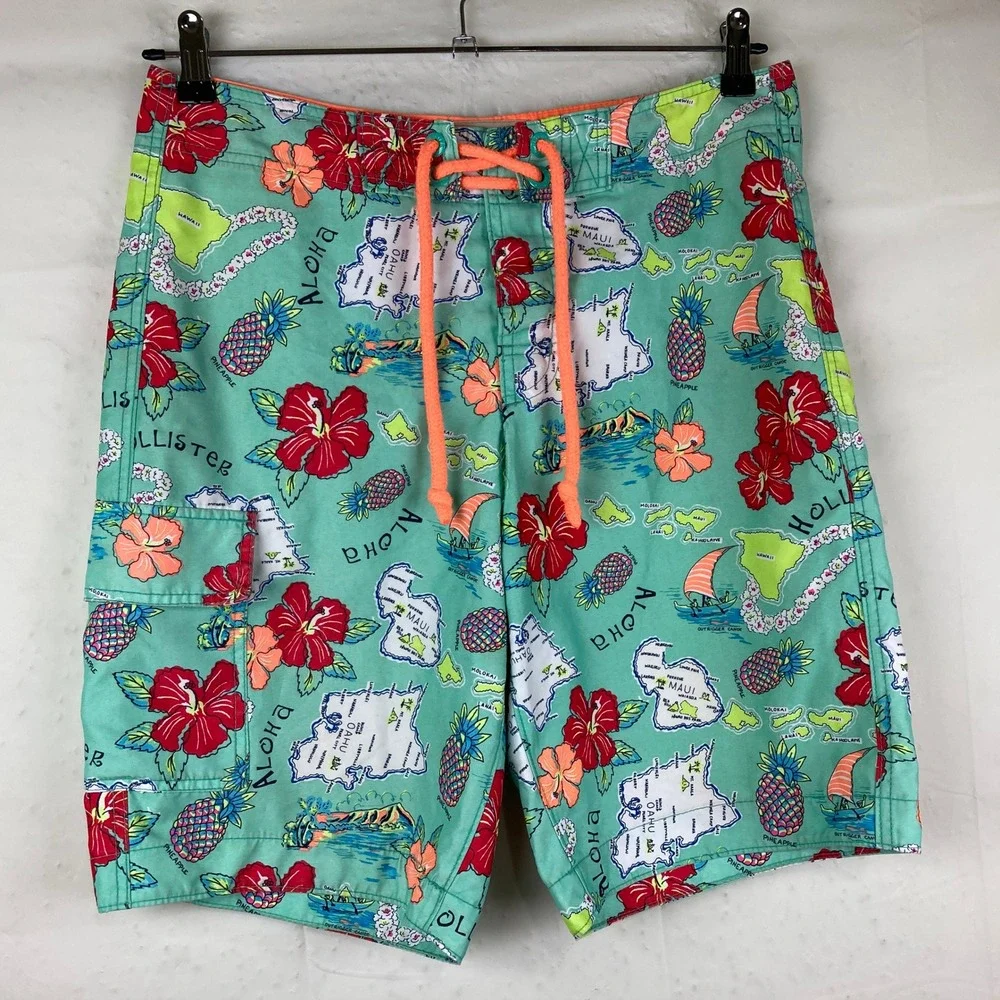 Hollister Board Shorts Mens Size M Hawaiian Map Tropical‎ Swim Beach Surf Pool